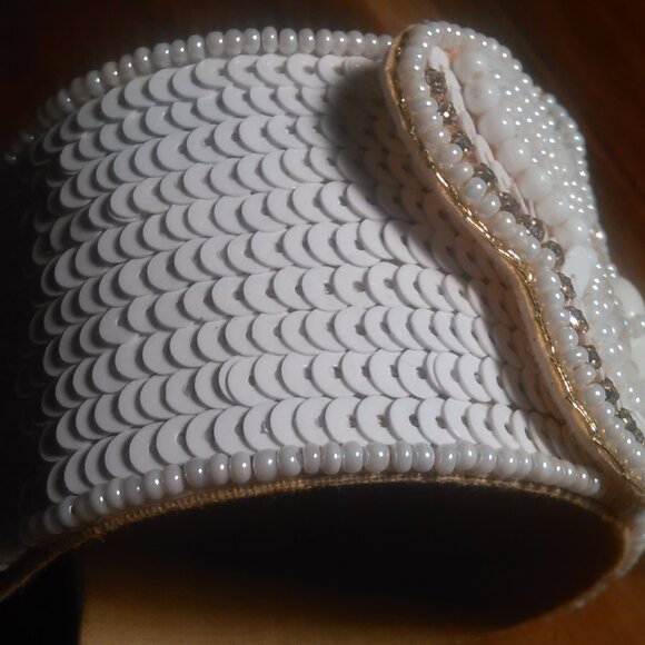 Handcrafted White Seed Bead And White Crystal Butterfly Cuff Bracelet - Picture 6 of 12